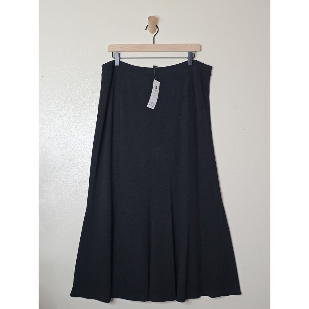 NWT Eileen Fisher Woman 1X Black Italian Viscose Wool Paneled Godet Midi Skirt